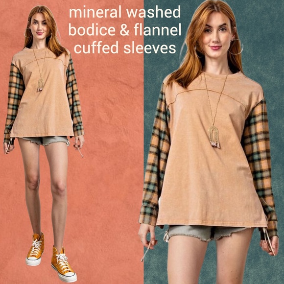 EASEL "In Your Dreams" Loose Fit Mineral Wash & Long Flannel Sleeves Tunic Top - Picture 6 of 12